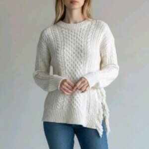 XXS J. CREW Cotton & Wool Sweater - Chunky Cable Knit w/ Slit and Fringe